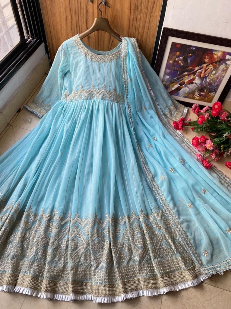 Sky blue georgette embroidered anarkali suit