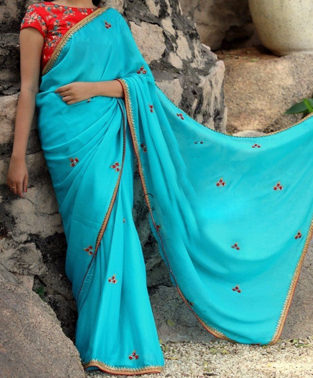 sky blue georgette embroidered festival wear saree