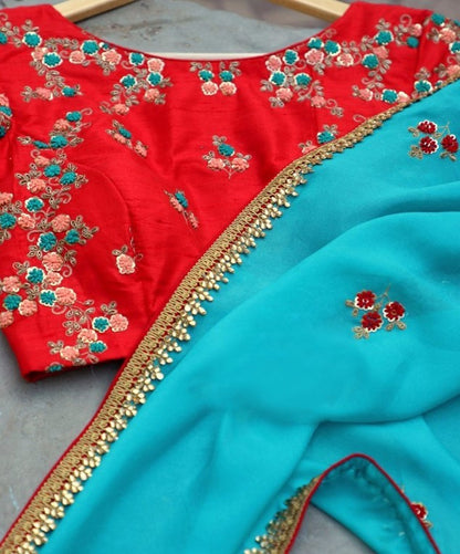 sky blue georgette embroidered festival wear saree