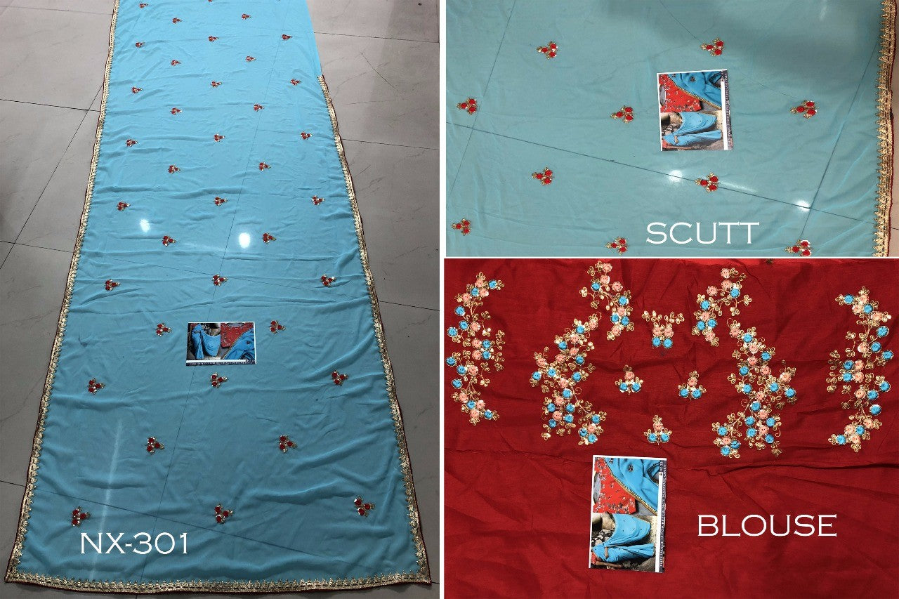 sky blue georgette embroidered festival wear saree