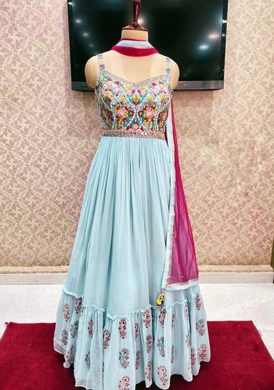 Sky blue georgette embroidered gown