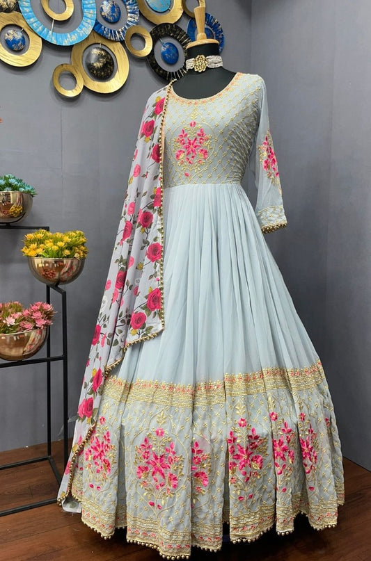 Sky blue georgette embroidered long gown with printed dupatta