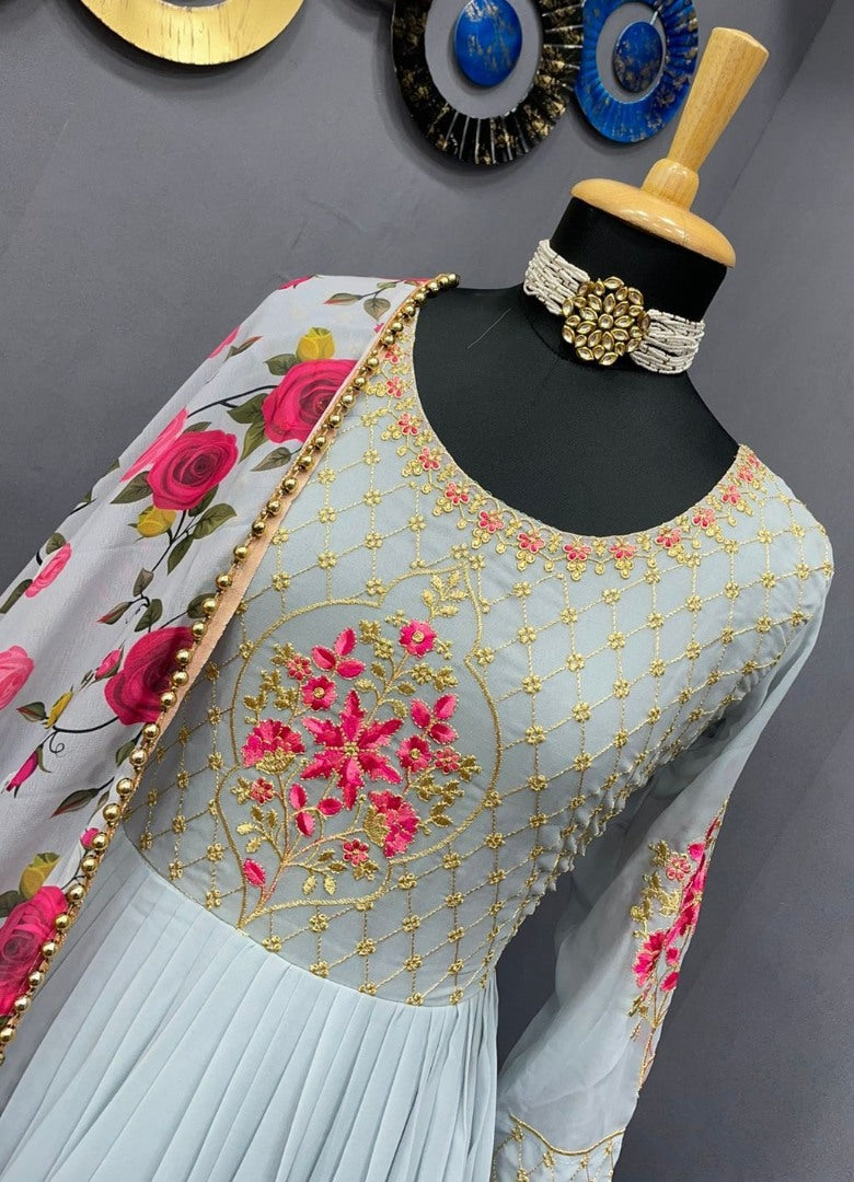Sky blue georgette embroidered long gown with printed dupatta