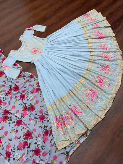 Sky blue georgette embroidered long gown with printed dupatta