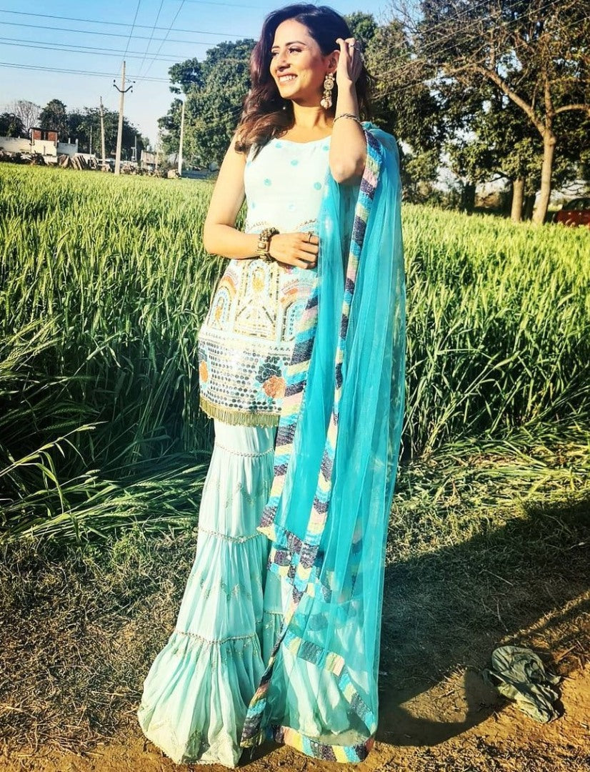 Sky blue georgette embroidered sharara salwar suit