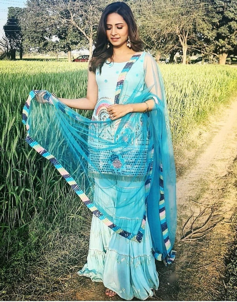 Sky blue georgette embroidered sharara salwar suit