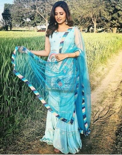 Sky blue georgette embroidered sharara salwar suit