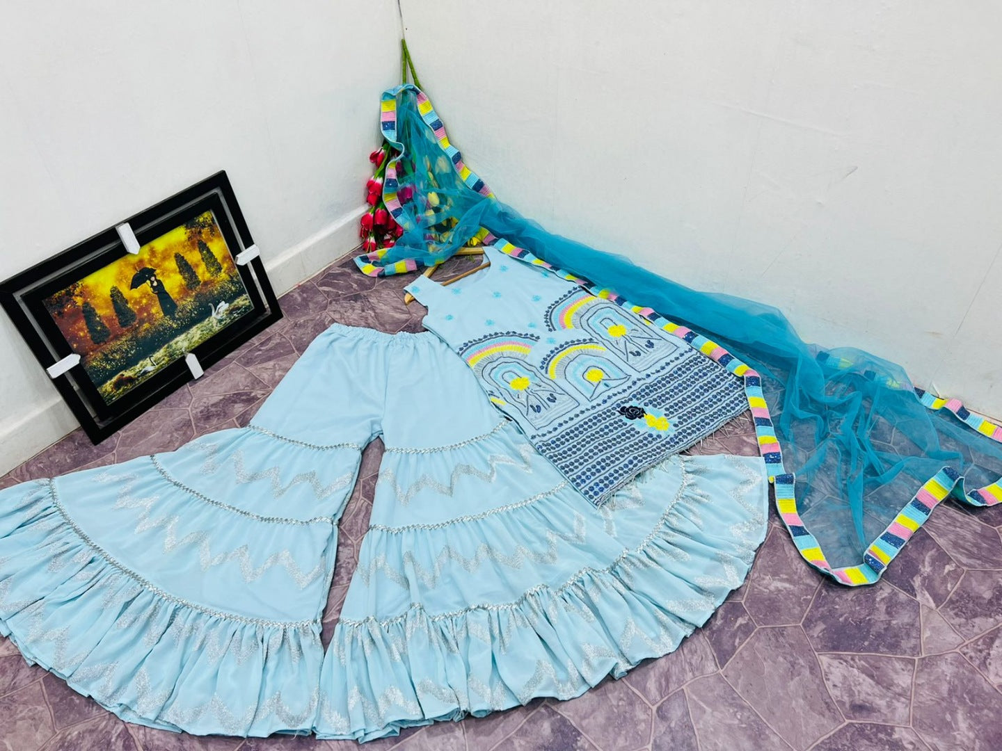 Sky blue georgette embroidered sharara salwar suit