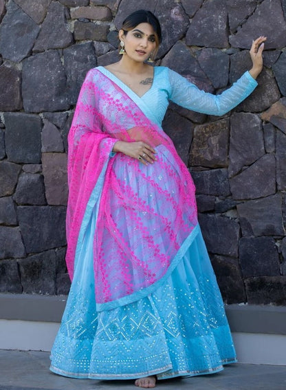 Sky blue georgette embroidered wedding lehenga choli
