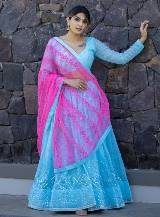 Sky blue georgette embroidered wedding lehenga choli
