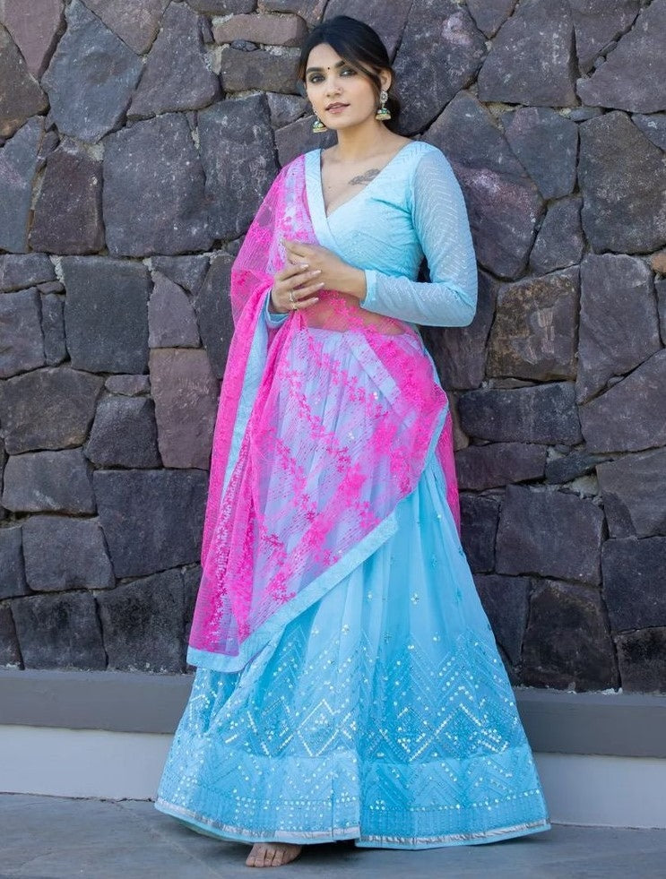 Sky blue georgette embroidered wedding lehenga choli