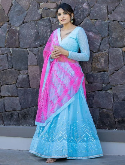 Sky blue georgette embroidered wedding lehenga choli