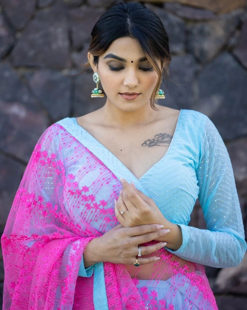 Sky blue georgette embroidered wedding lehenga choli