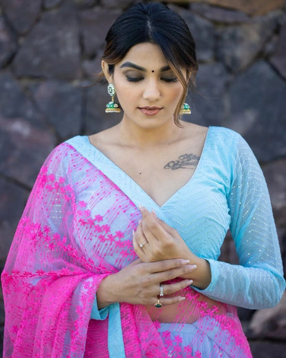 Sky blue georgette embroidered wedding lehenga choli