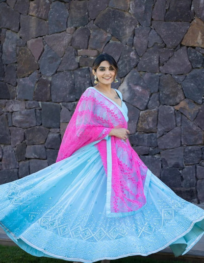 Sky blue georgette embroidered wedding lehenga choli