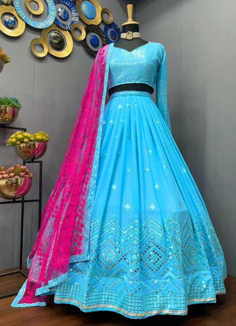 Sky blue georgette embroidered wedding lehenga choli