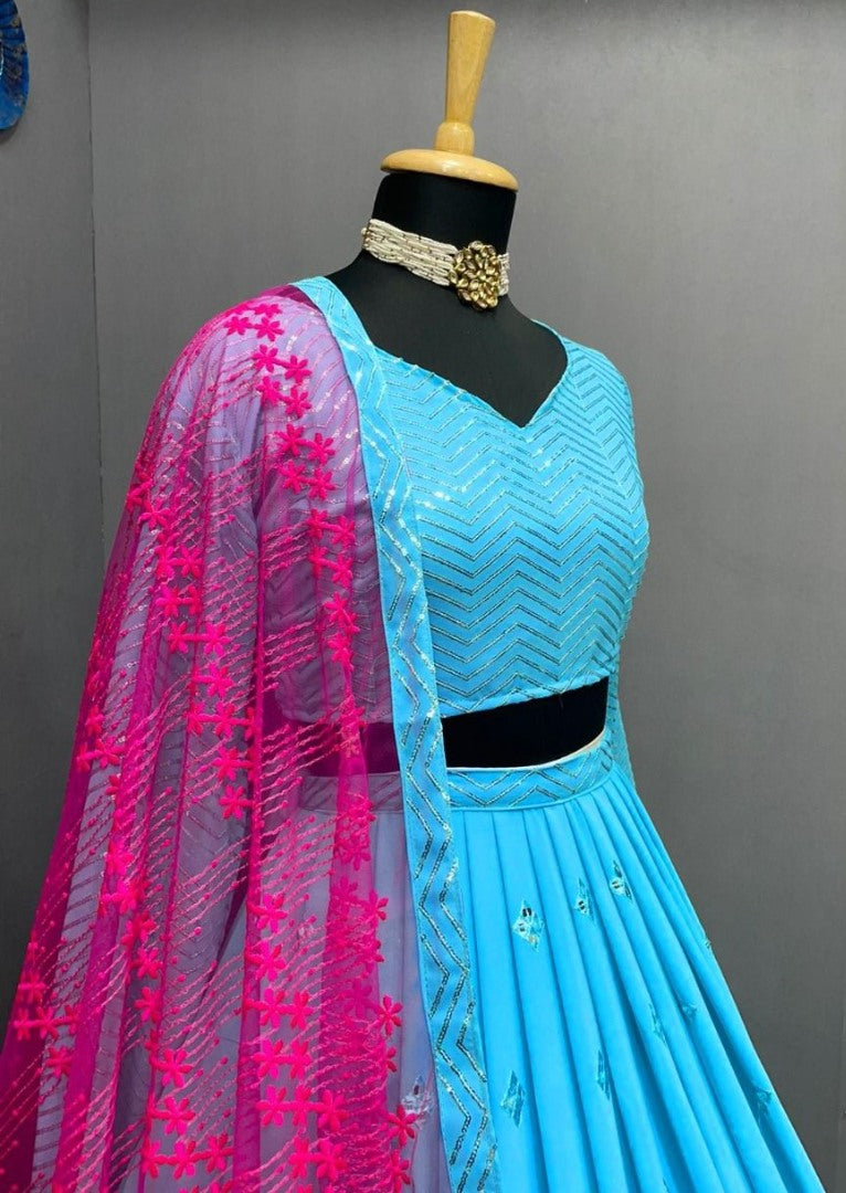 Sky blue georgette embroidered wedding lehenga choli