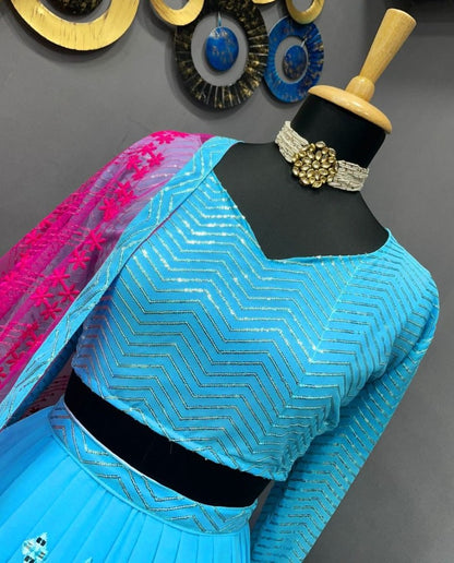 Sky blue georgette embroidered wedding lehenga choli