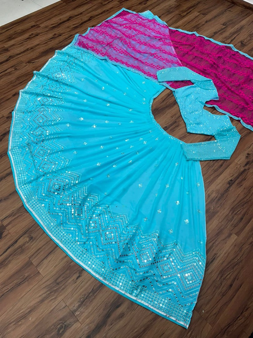 Sky blue georgette embroidered wedding lehenga choli