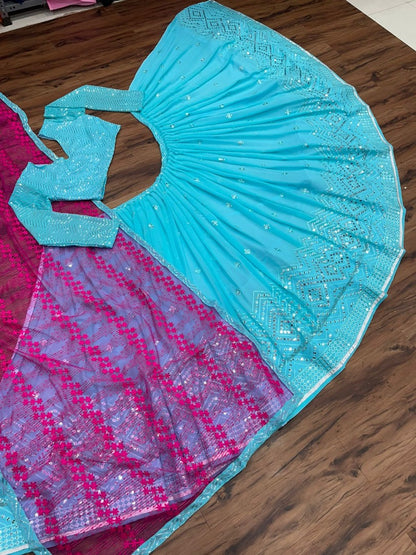 Sky blue georgette embroidered wedding lehenga choli