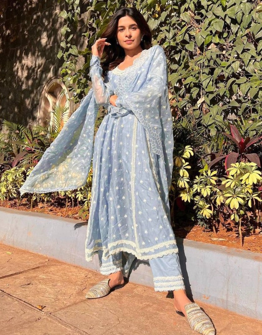 Sky blue georgette embroidery work pant suit