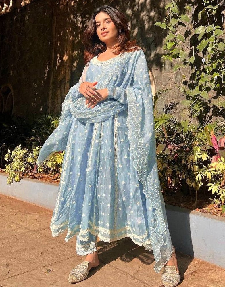 Sky blue georgette embroidery work pant suit