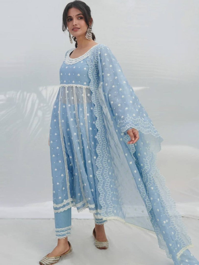 Sky blue georgette embroidery work pant suit