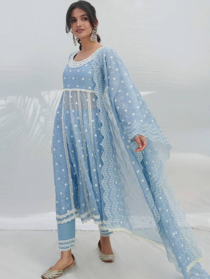 Sky blue georgette embroidery work pant suit