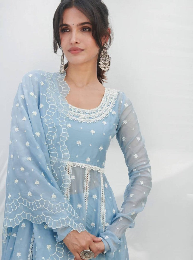 Sky blue georgette embroidery work pant suit