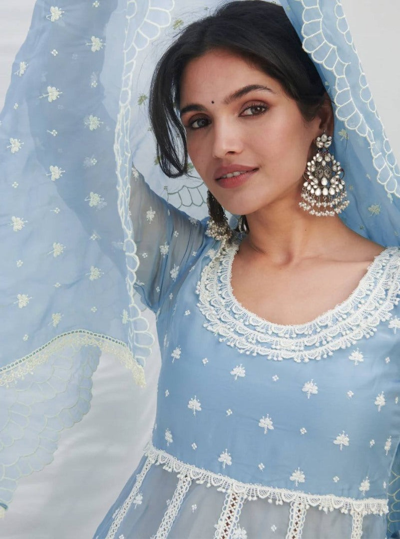 Sky blue georgette embroidery work pant suit