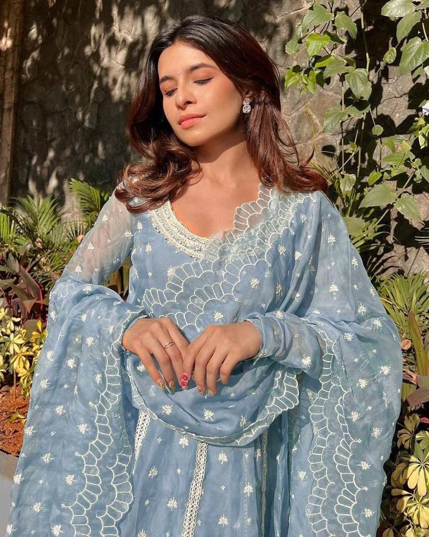 Sky blue georgette embroidery work pant suit