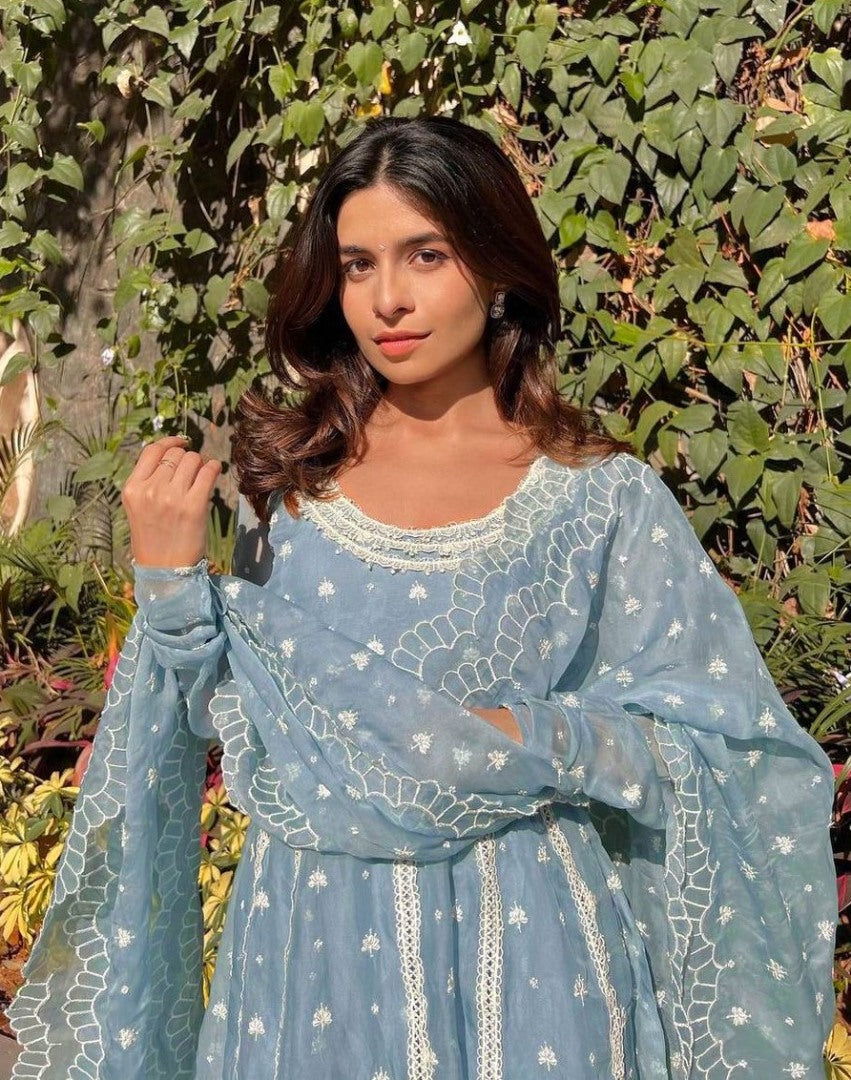 Sky blue georgette embroidery work pant suit