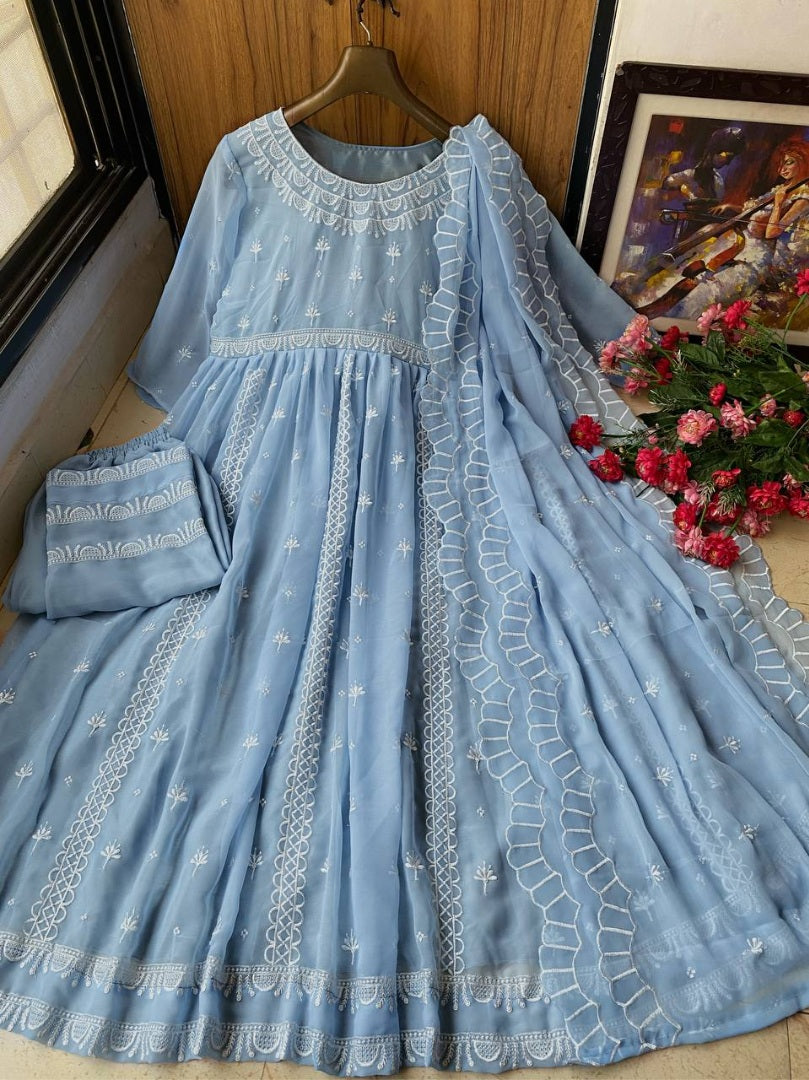 Sky blue georgette embroidery work pant suit