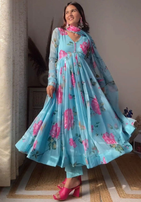 Sky blue georgette floral printed anarkali suit