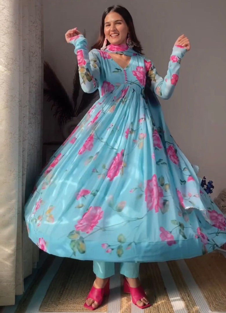 Sky blue georgette floral printed anarkali suit