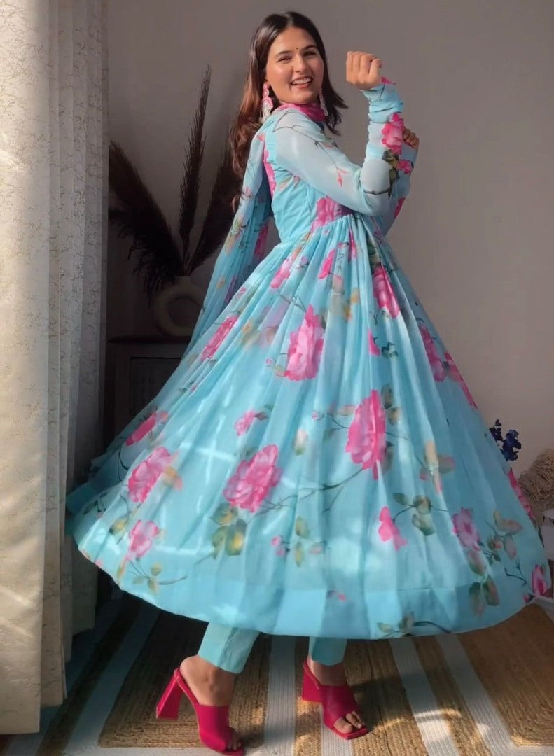 Sky blue georgette floral printed anarkali suit