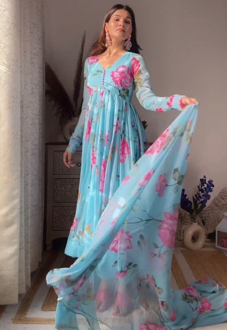 Sky blue georgette floral printed anarkali suit