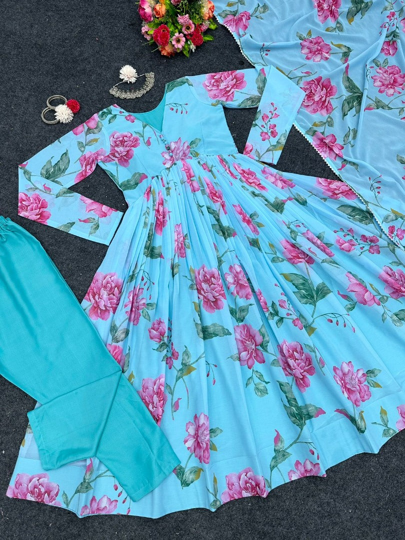 Sky blue georgette floral printed anarkali suit
