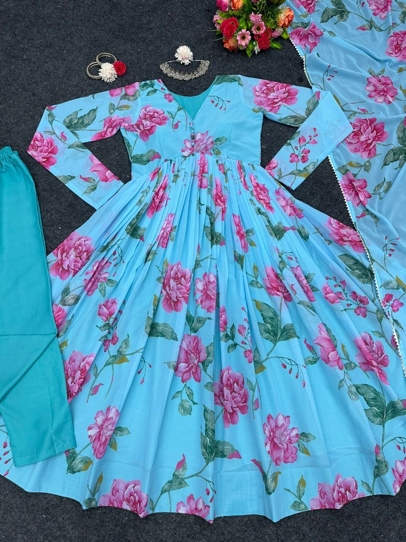 Sky blue georgette floral printed anarkali suit
