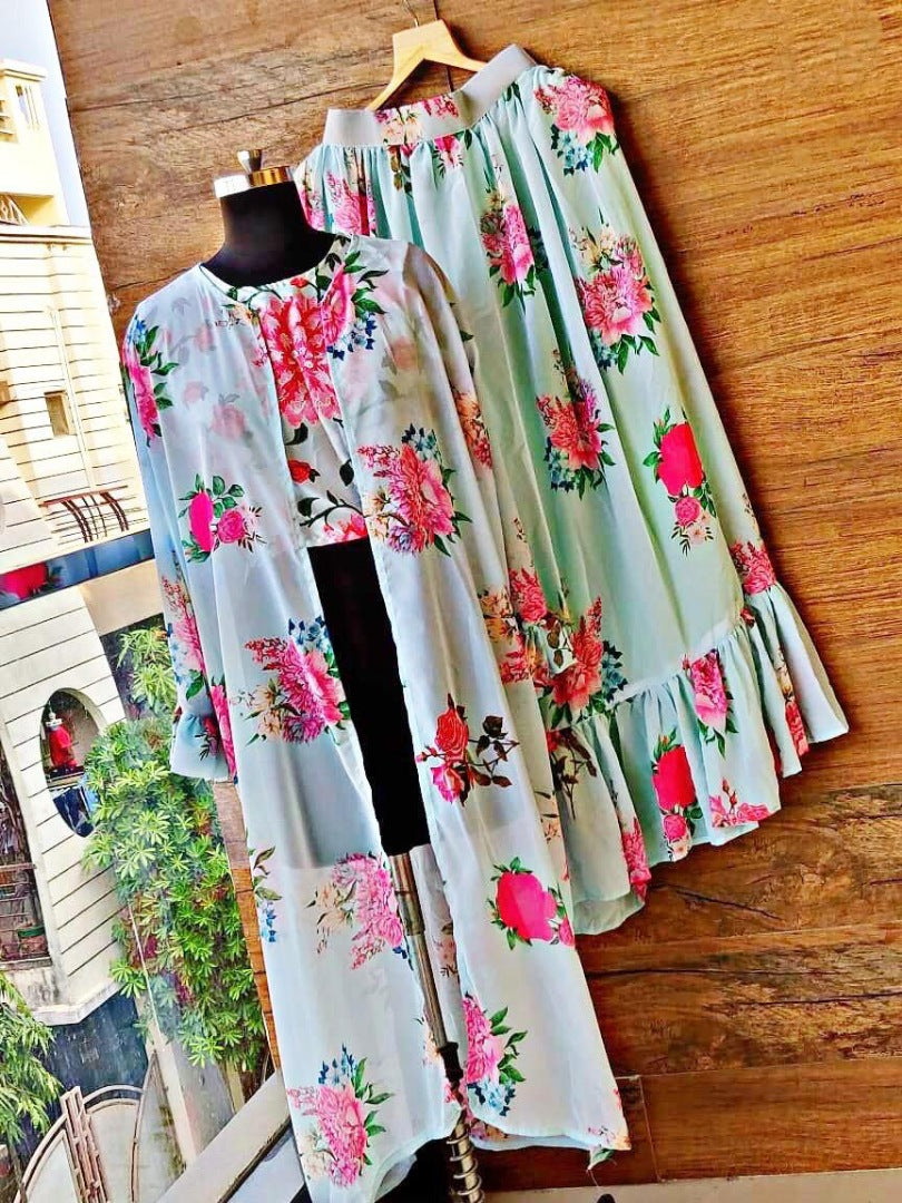 Sky blue georgette floral printed indowestern lehenga with shrug