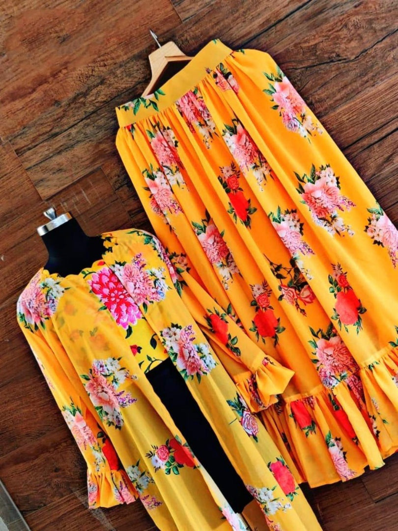 Sky blue georgette floral printed indowestern lehenga with shrug