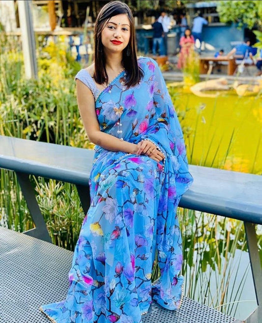 Sky blue georgette floral printed moti lace saree