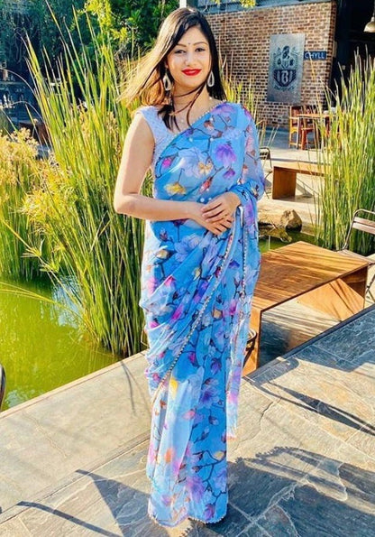 Sky blue georgette floral printed moti lace saree