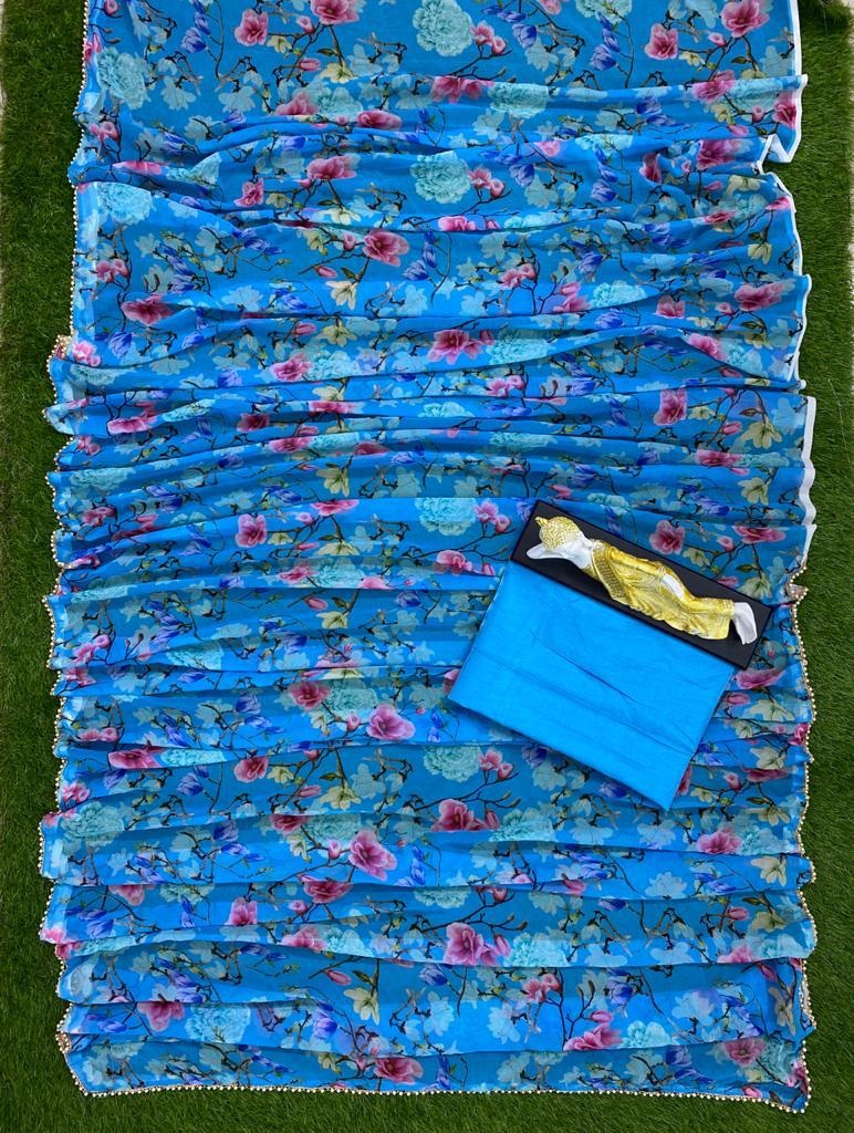 Sky blue georgette floral printed moti lace saree
