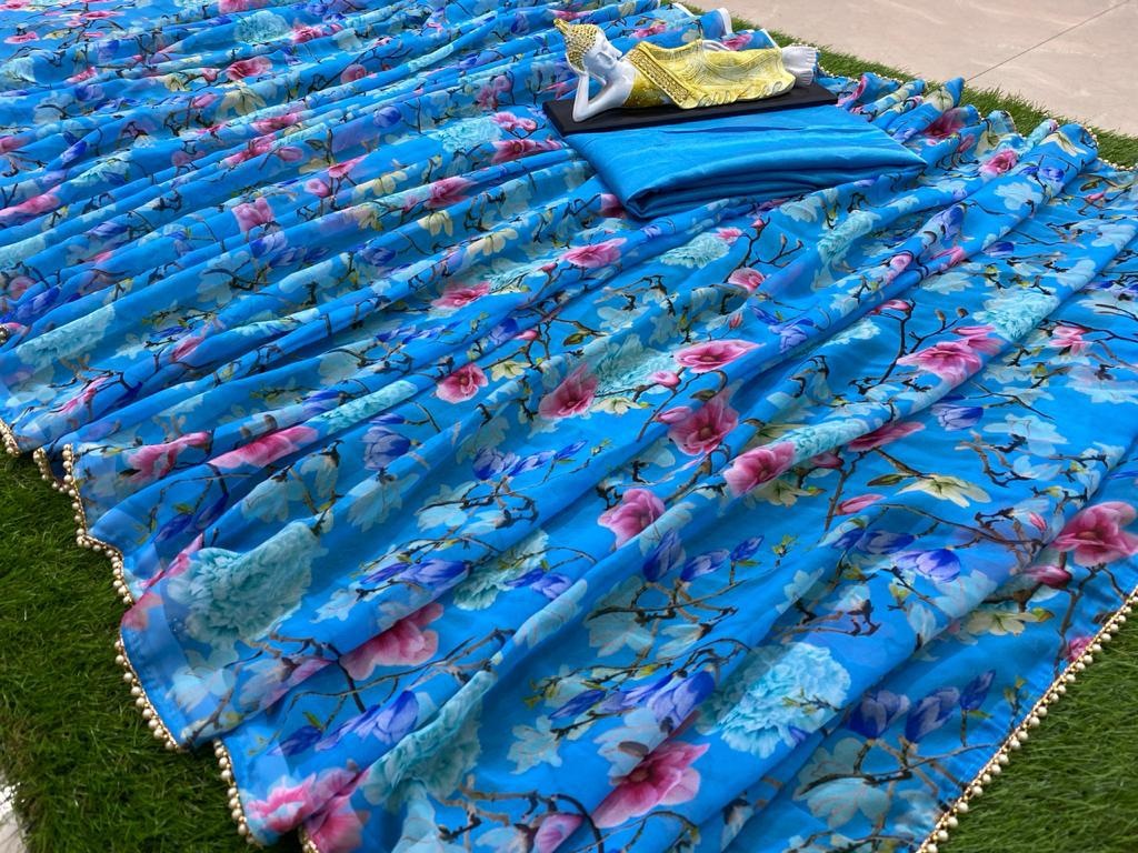 Sky blue georgette floral printed moti lace saree