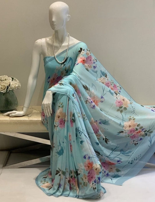 Sky blue georgette floral printed saree