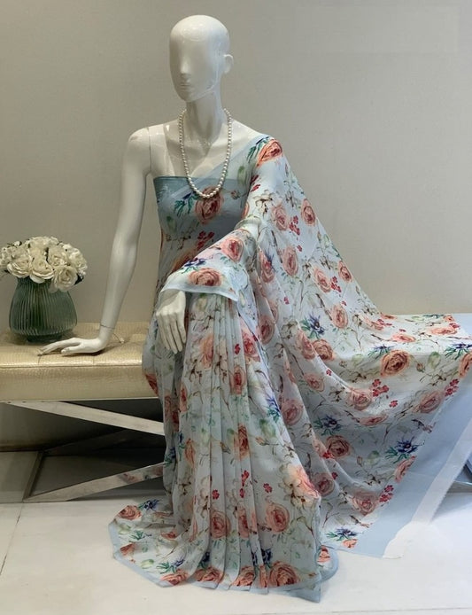 Sky blue georgette floral printed saree