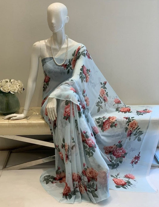 Sky blue georgette floral printed saree