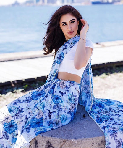 Sky blue georgette floral printed stylist moti lace saree