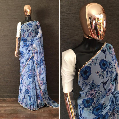Sky blue georgette floral printed stylist moti lace saree